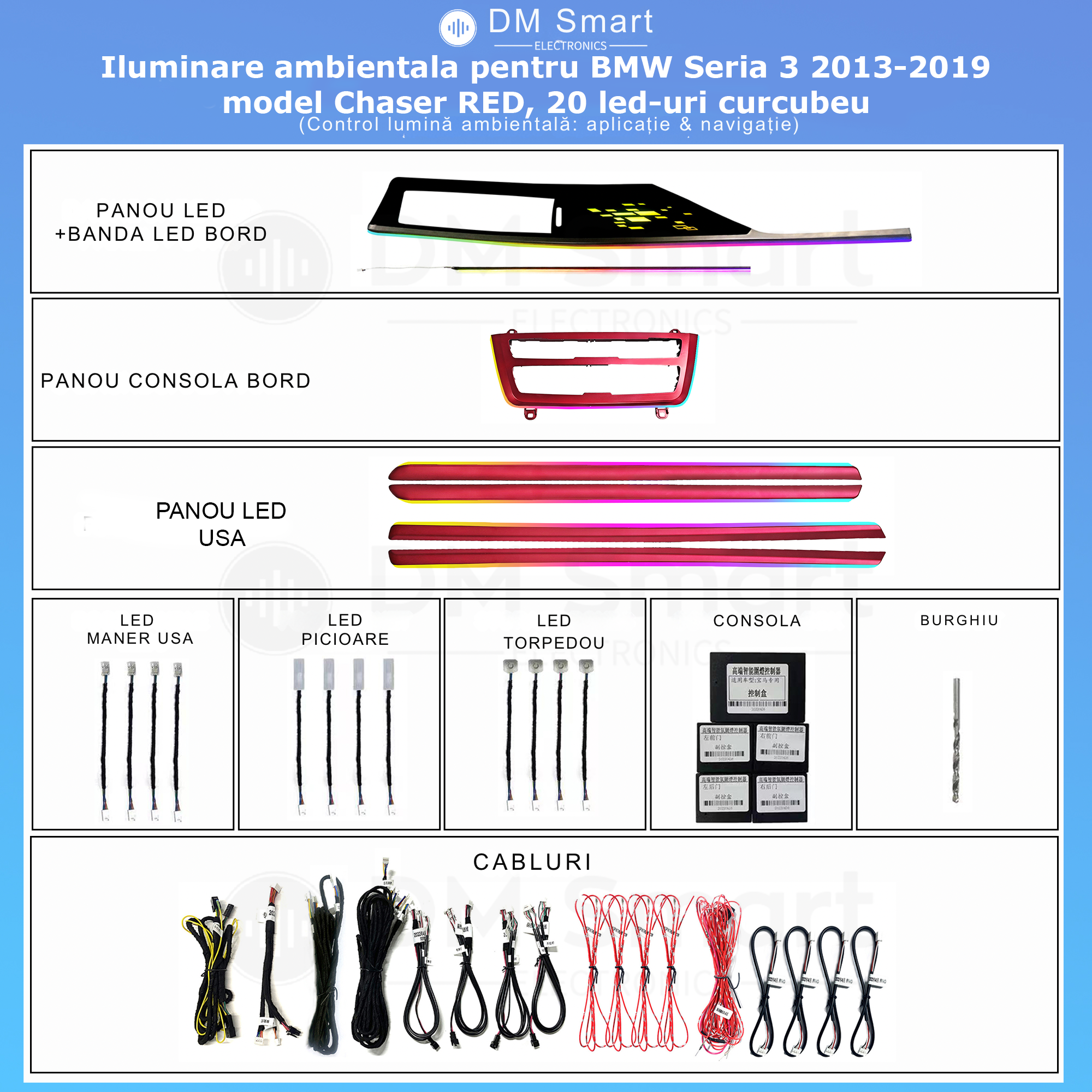 Kit iluminare ambientala pentru BMW Seria 3 2013-2019 model Chaser RED, 20 led-uri curcubeu