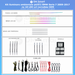Set Lumini Ambientale BMW Seria 7 F01 2009–2017 – Kit OEM RGB Curcubeu cu 18 LED-uri
