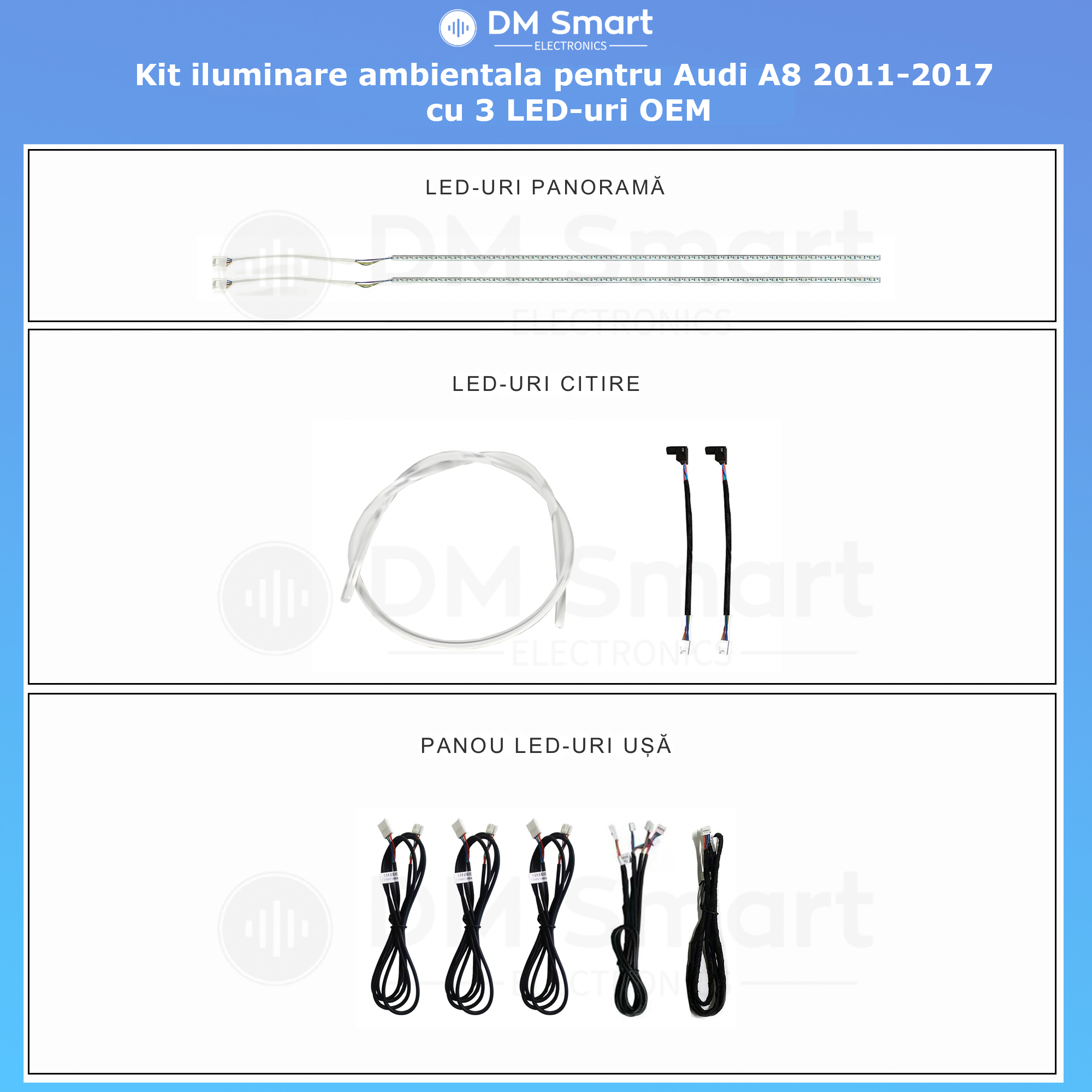 Kit iluminare ambientala pentru Audi A8 2011-2017 cu 3 LED-uri OEM